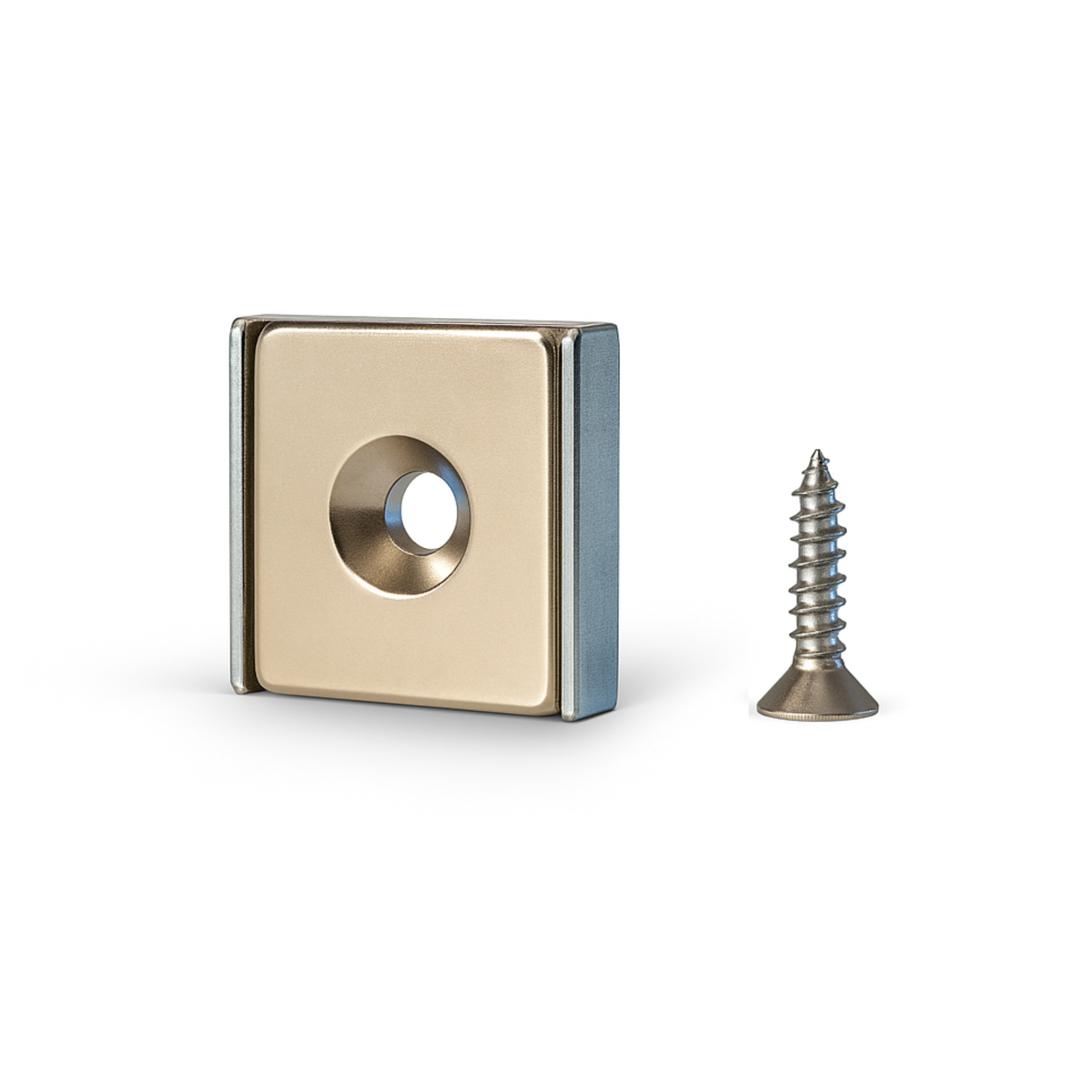 Magnes Neodymowy Płytkowy 20x20x4 Pod Wkręt Z Otworem 8x4 W Obudowie Uchwyt N38 + WKRĘT Mocny